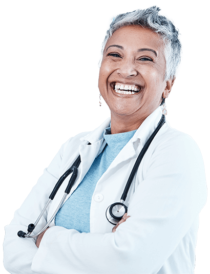 happy portrait and elderly woman doctor